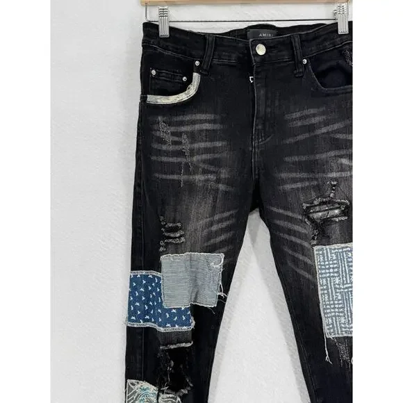 AMIRI Mens Black Denim Distressed Y2K Patchwork Skinny Jeans Sz 32